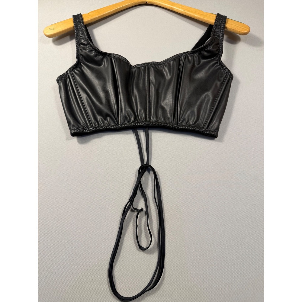 Victoria's Secret Black Faux Leather Corset Crop Top Lace Up Back Size S-DD